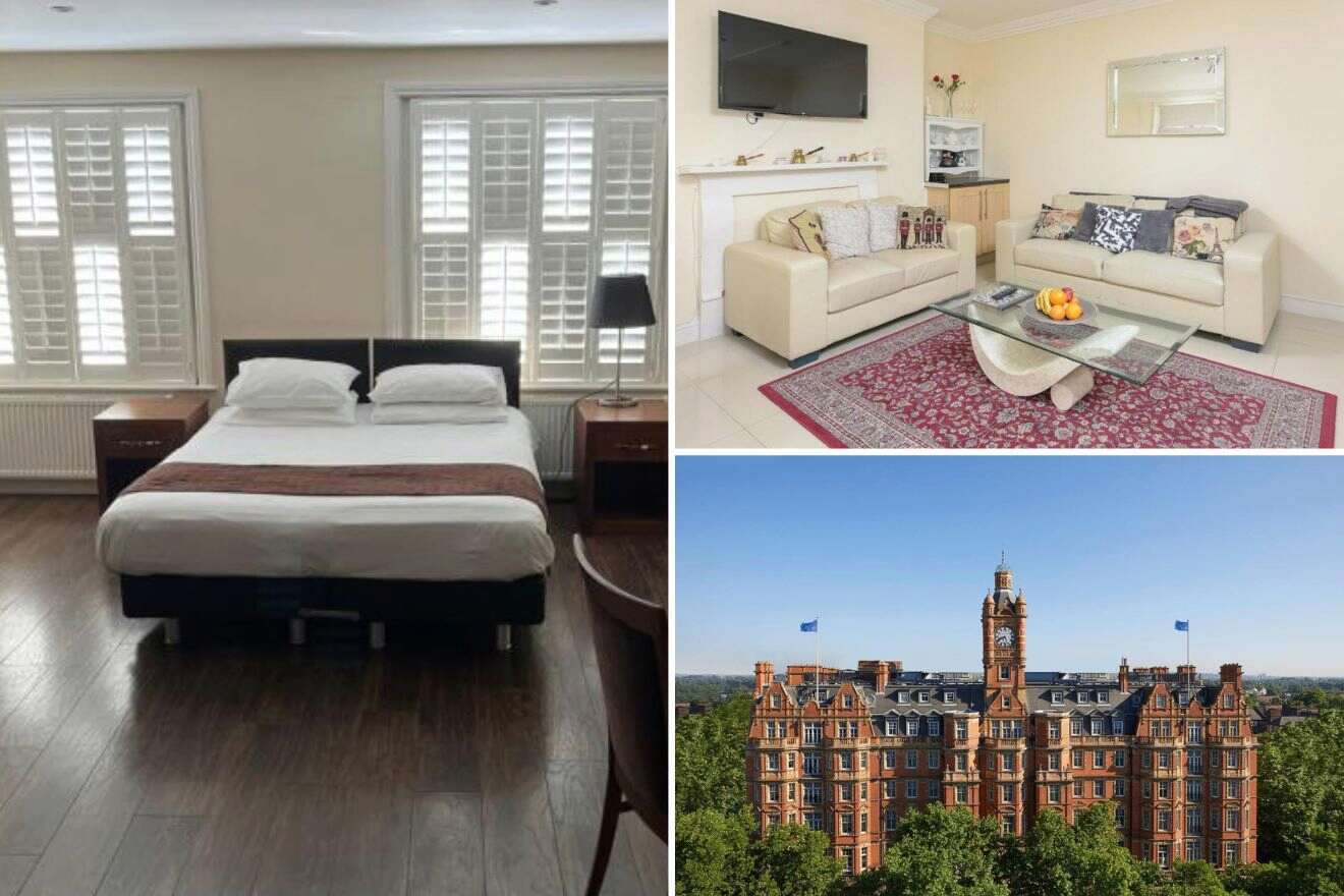 A collage of three photos of hotels to stay in Mayfair & Marylebone, London: a spacious bedroom featuring a large bed with a brown accent throw, a homely living area with a beige sofa and a classic red rug, and the grand exterior of a traditional red-brick London hotel with flags.