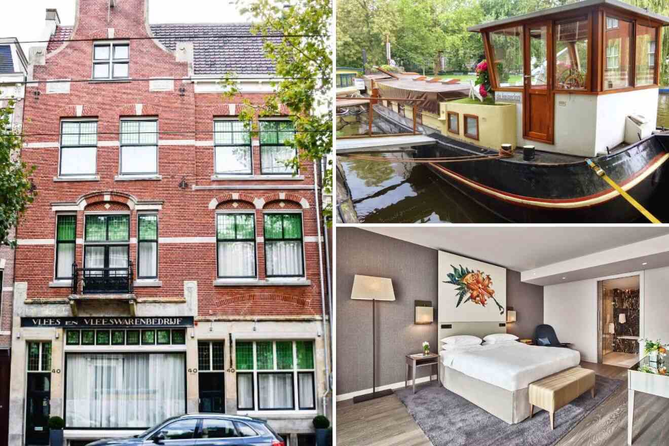A collage of three photos of hotels to stay in Plantage & The Jewish Quarter, Amsterdam: the façade of a classic Amsterdam hotel building with brickwork and traditional windows, a houseboat moored along a serene canal, complete with a wooden wheelhouse, and a contemporary hotel room with a large bed adorned with a floral art piece