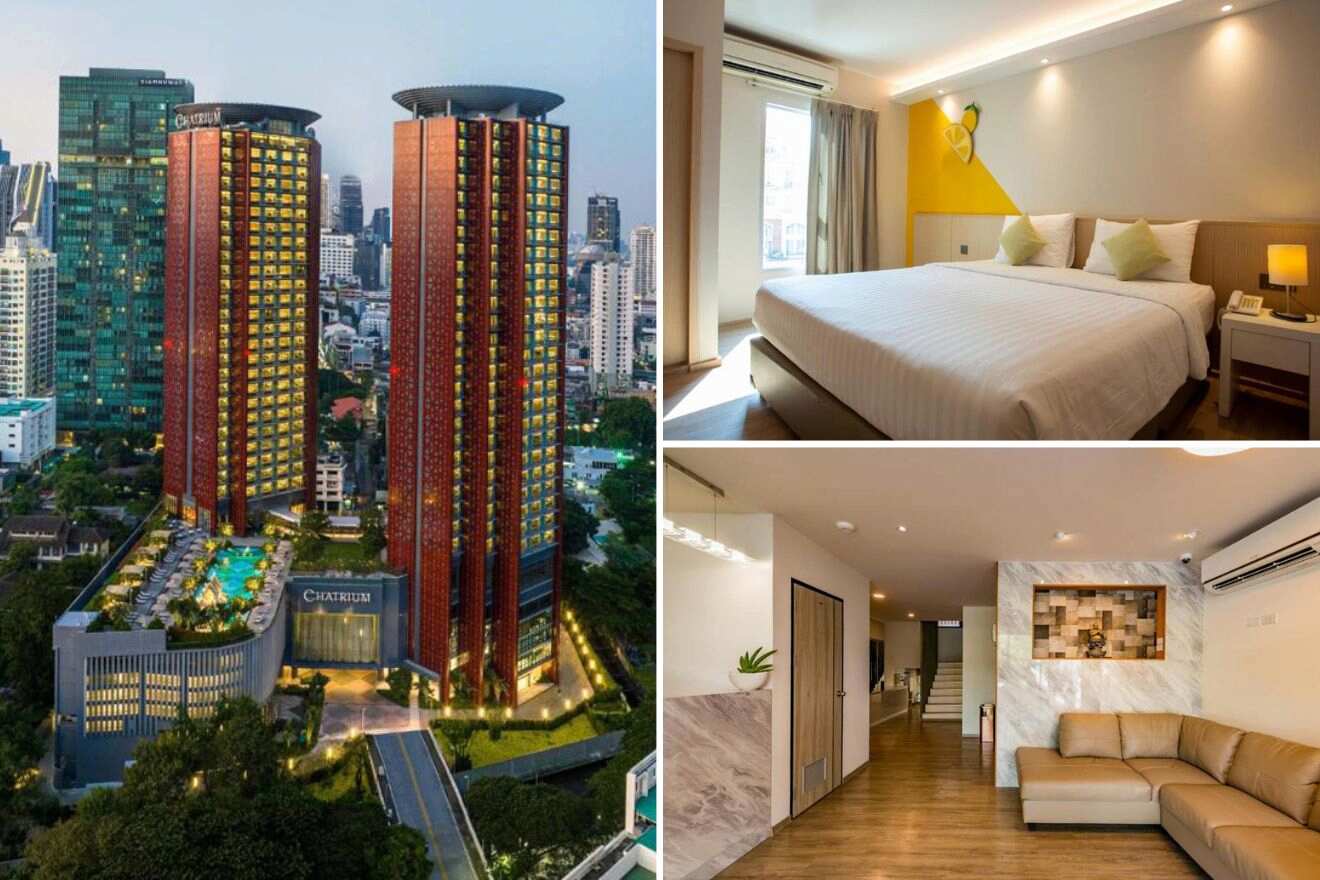 A collage of three photos of hotels to stay in Pratunam, Bangkok: The exterior of the luxurious Chatrium Hotel Riverside at night, a modern bedroom with soft lighting and cozy bedding, and a spacious lobby with sleek furniture and warm wood flooring