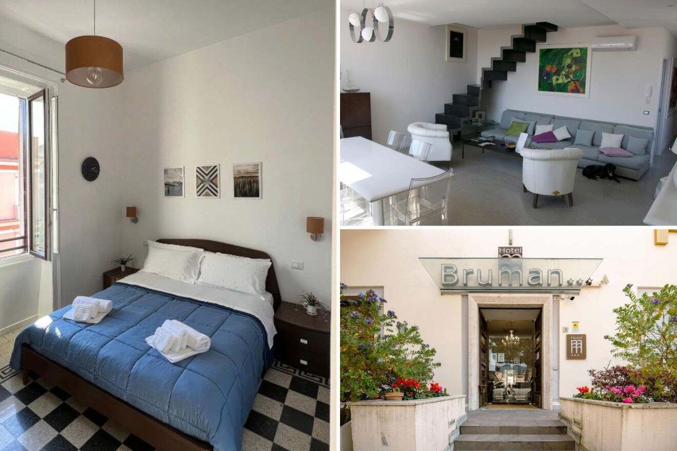 A collage of three photos of hotels to stay in Salerno, Amalfi Coast, Italy: hotel bedroom, living room, and hotel entrance