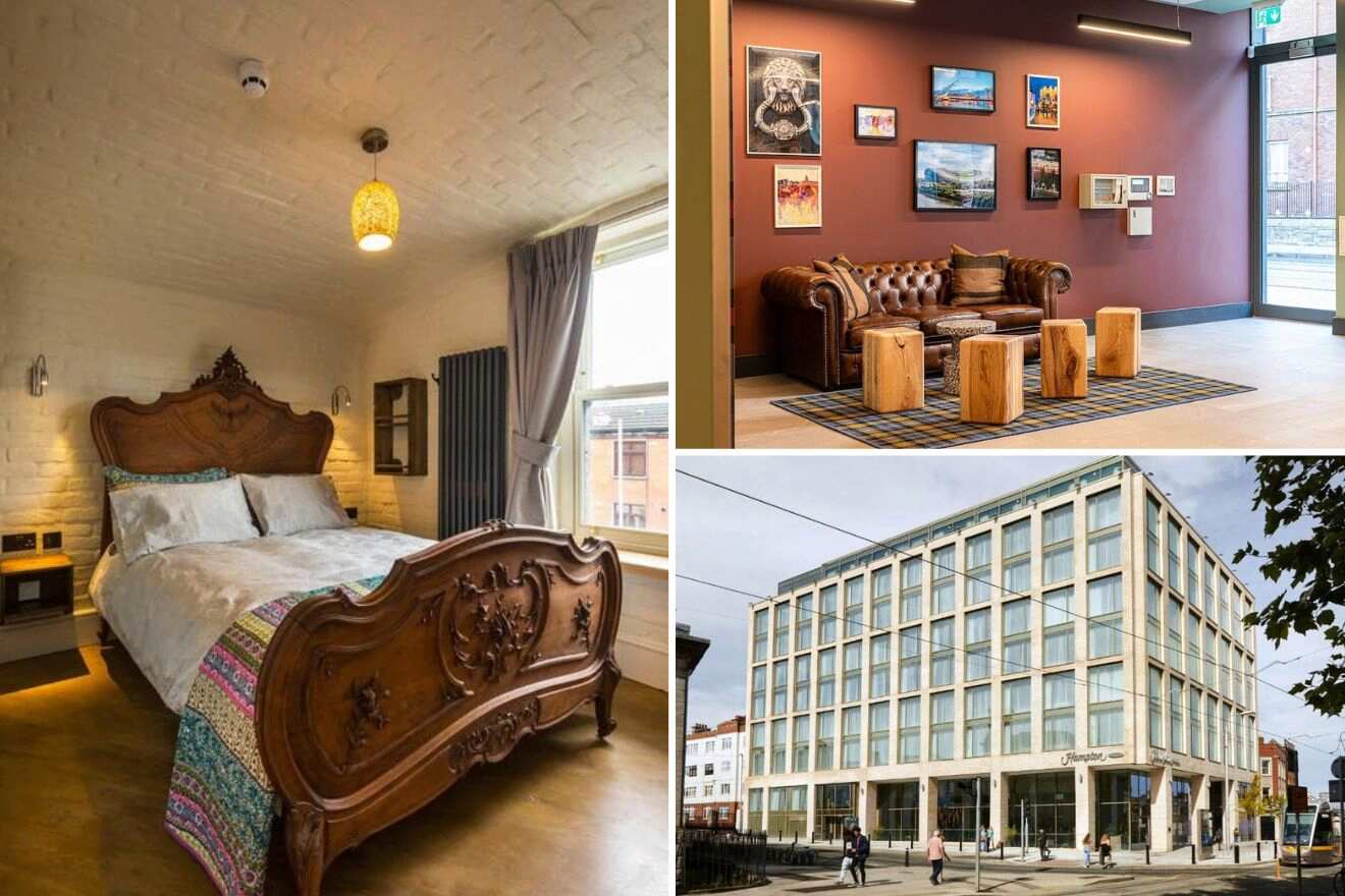 A collage of three photos of hotels to stay in Smithfield/Stoneybatter, Dublin: a quaint bedroom with an ornate wooden bed and exposed brick walls, a cozy hotel seating area with leather couches and framed artwork, and a modern hotel exterior with clean lines and glass windows.