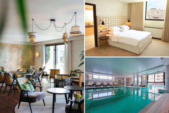 A collage of three pictures of Hyatt Regency Nice Palais de la Méditerranée: a trendy dining area with artistic lighting, a serene bedroom with a tufted headboard and warm lighting, and a spacious indoor swimming pool lined with loungers
