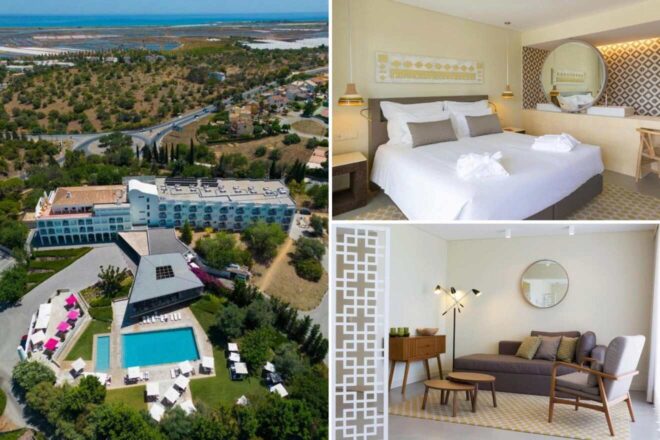 A collage of three photos of hotels to stay in Algarve: an aerial view of a resost next to the road with an outdoor pool, a hotel bedroom with mosaic beige decorations and a big circle mirror, and a living room with grey sofa and armchair, and a yellow rug