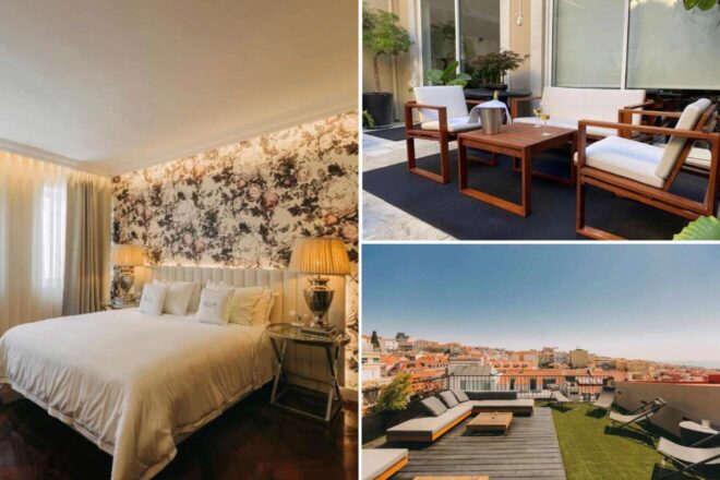 A collage of pictures from the The Felix 10 hotel: a bedroom featuring bold floral wallpaper, a serene balcony set for relaxation amidst greenery, and a rooftop offering cityscape views and a spot for sunbathing
