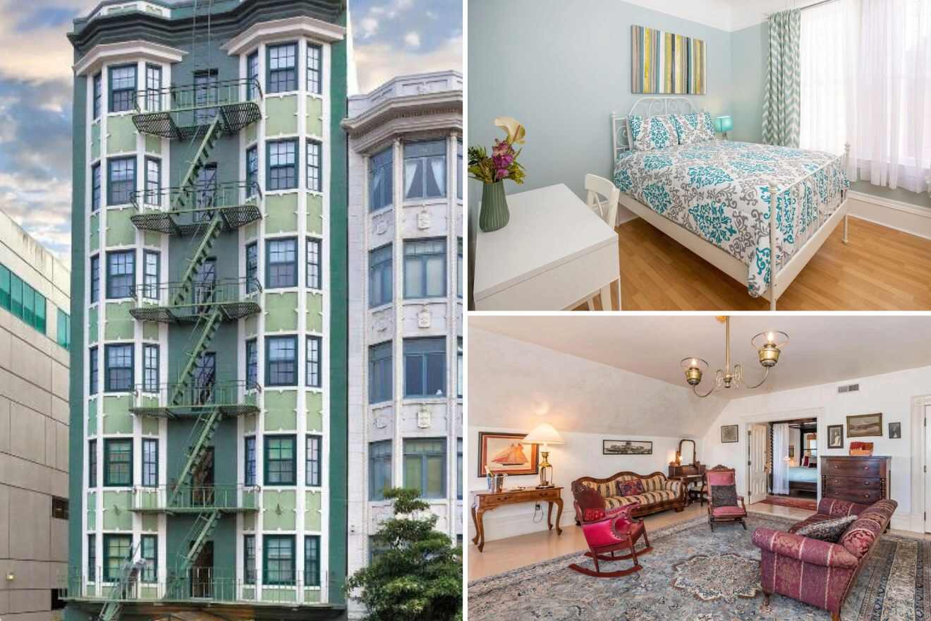 A collage of three photos of hotels to stay in Hayes Valley, Alamo Square, San Francisco with views: featuring a quaint green and white building with classic San Francisco architecture, a simple and fresh bedroom with light blue accents, and a vintage-style living room with antique furniture and a fireplace