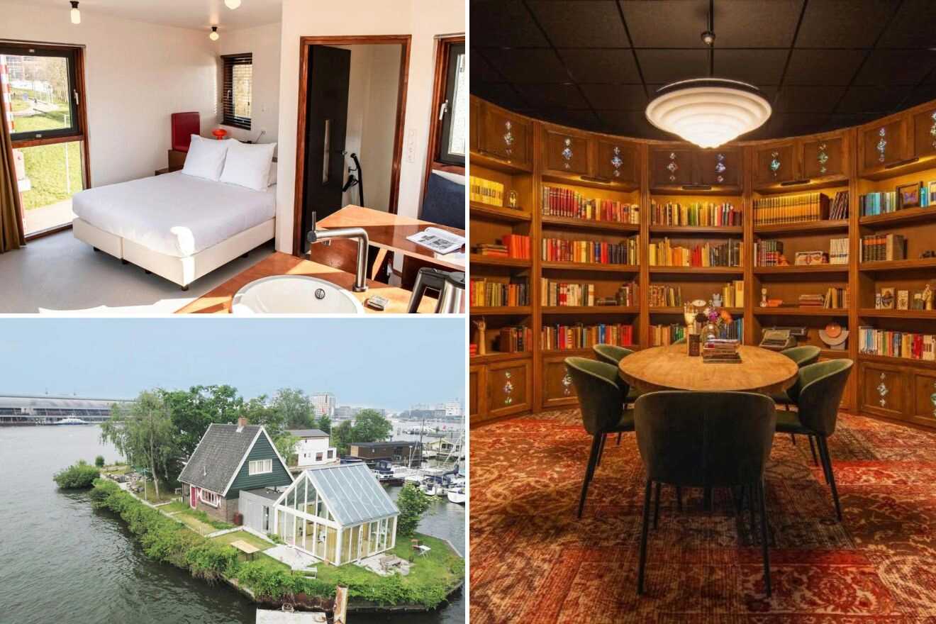 A collage of three photos of hotels to stay in Amsterdam Noord: a bright hotel room with a large bed and a view of the green surroundings, an intimate library setting with a round table and shelves stocked with books, and a quaint green-roofed house on a small island