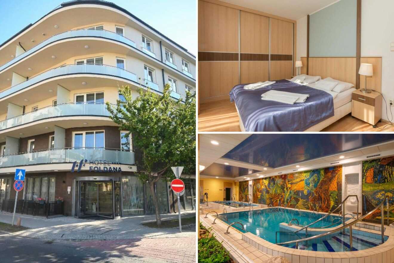 A collage of three photos of hotels to stay in Angyalfold District XIII Budapest: hotel exterior, hotel bedroom, and indoor hotel pool