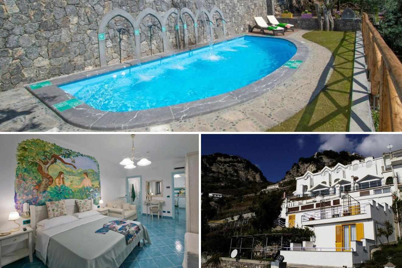 A collage of three photos of hotels to stay in Furore, Amalfi Coast, Italy: outdoor pool, hotel bedroom with a mural on the wall, and hotel exterior