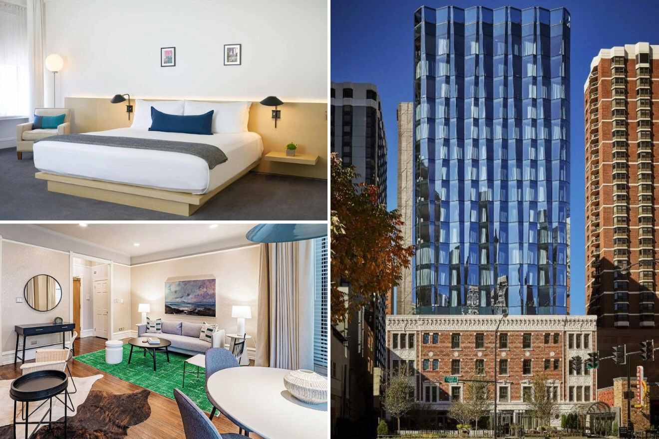 A collage of three photos of hotels to stay in Gold Coast, Chicago: a chic bedroom with a white and gold color scheme, a sleek high-rise building with a reflective blue glass exterior, and a stylish living space with modern furnishings