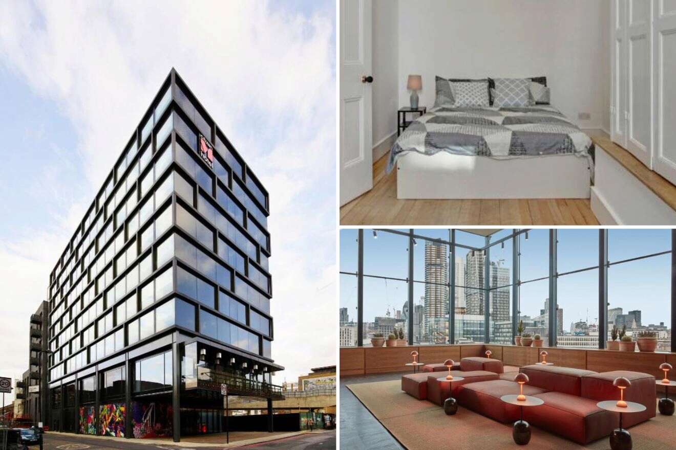 A collage of three photos of hotels to stay in Shoreditch & Spitalfields, London: the modern facade of a geometric hotel building, a minimalist bedroom with a patterned comforter, and a chic lounge area with large windows overlooking the cityscape.