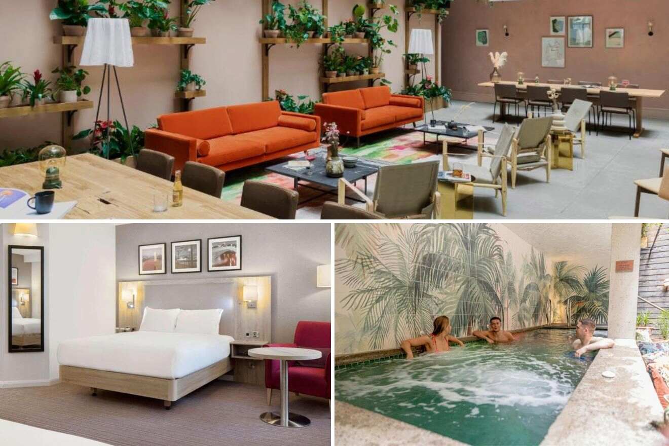 A collage of three photos of hotels to stay in the Docklands, Dublin: a vibrant common area with plush orange sofas and indoor plants, a minimalist bedroom with crisp white bedding and modern decor, and a tropical-themed indoor pool with relaxed guests.