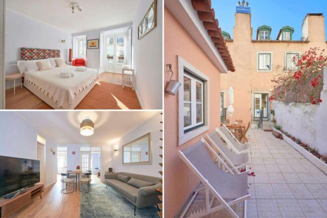 A collage of three pictures from the Riverview Historical Lisbon hotel: a sunny bedroom with colorful accents and classic charm, a picturesque balcony overlooking quaint streets, and a comfortable living space