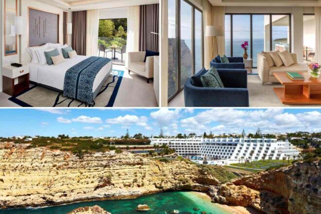 A collage of three photos of hotels to stay in Algarve: a hotel bedroom with a big bed and an armchair, with a balcony overlooking greenery, a living room with two blue armchairs and a beige sofa with panoramic windows offering ocean views, and an aerial view of the Algarvian cliff with a hotel behind it