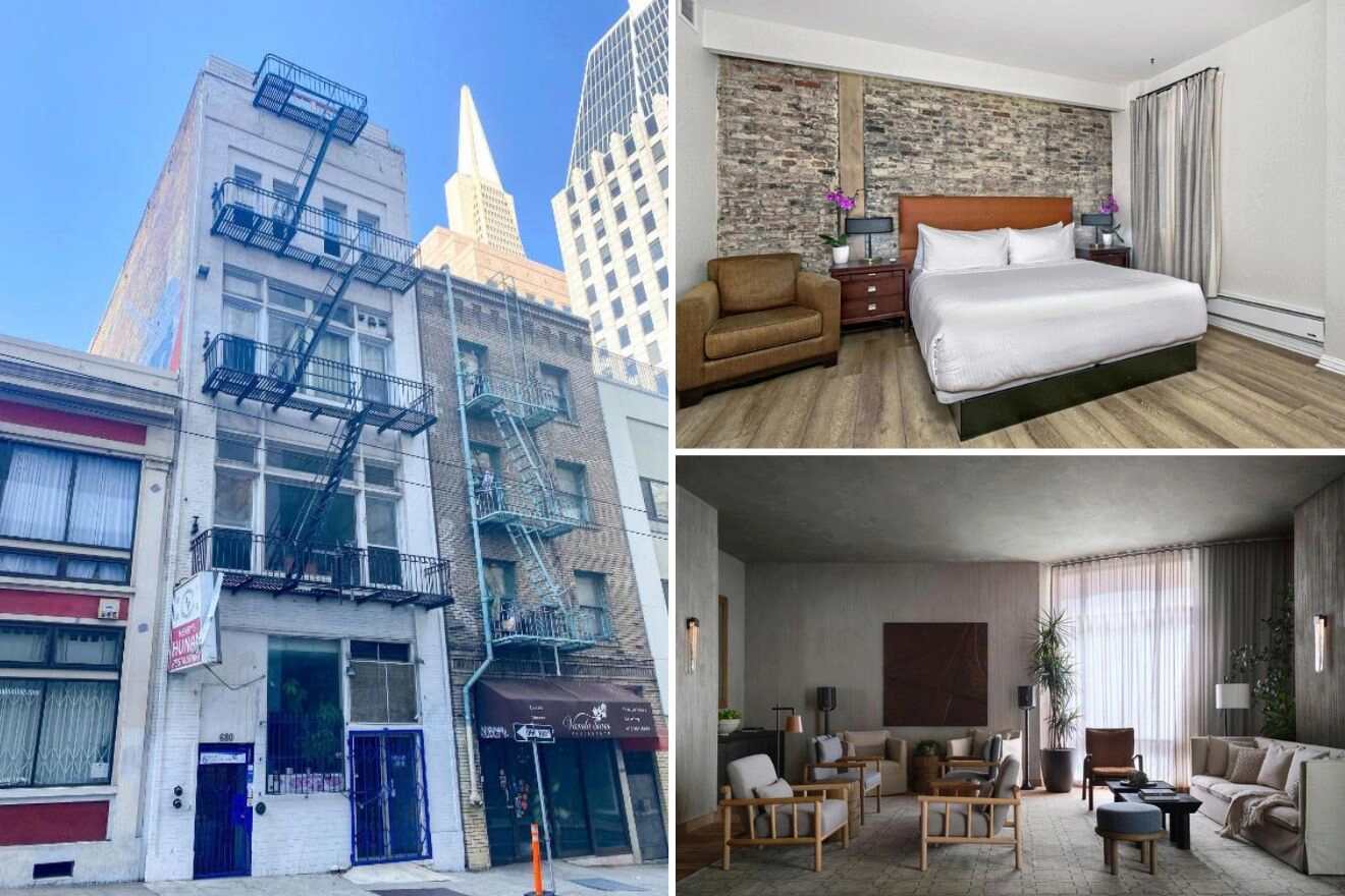 A collage of three photos of hotels to stay in The Embarcadero, Financial District, San Francisco for shopping: displaying a rustic brick building with modern accents, a minimalist bedroom with a comfortable bed and stone wall details, and a spacious living area with contemporary furniture and large windows