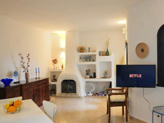 Cozy living room with an open fireplace, white shelves with decorative items, and a flat-screen TV displaying the Netflix home screen