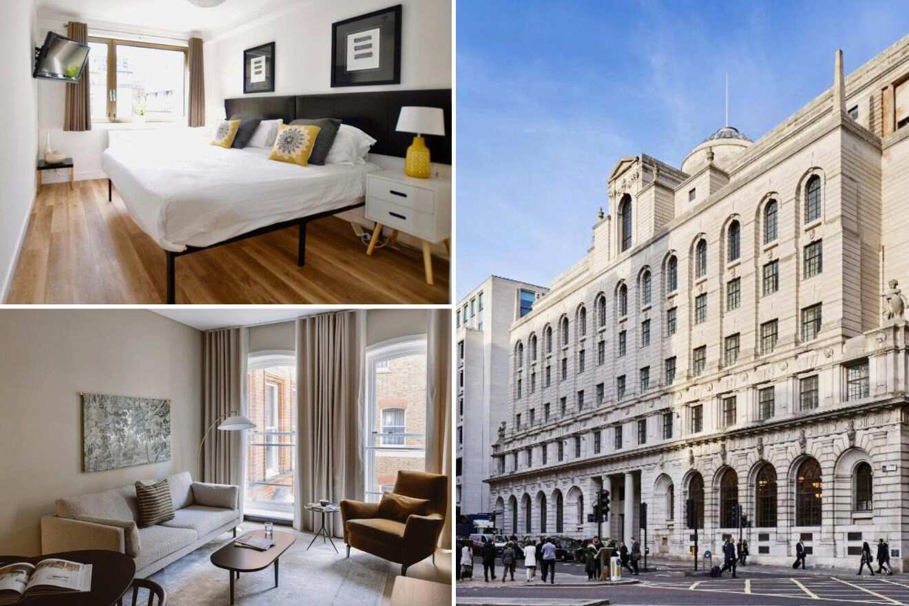 A collage of three photos of hotels to stay in the City of London: a bright bedroom with a large window and black and white decor, a cozy sitting area with a grey sofa and round coffee table, and the stately exterior of a historic hotel building with impressive columns.
