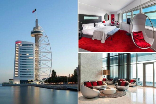 A collage of three photos from the MYRIAD Hotel by SANA Hotels: the hotel's striking modern architecture reflected in waterfront views, a luxurious room with sea views and chic red decor, and an elegant lounge area with panoramic windows