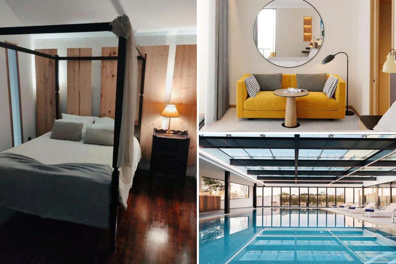 A collage of three photos of hotels to stay in Porto: an inviting bedroom with a rustic wooden headboard, a vibrant lounge with a mustard yellow couch and modern mirror, and an expansive indoor pool area with clear blue water and a relaxing atmosphere