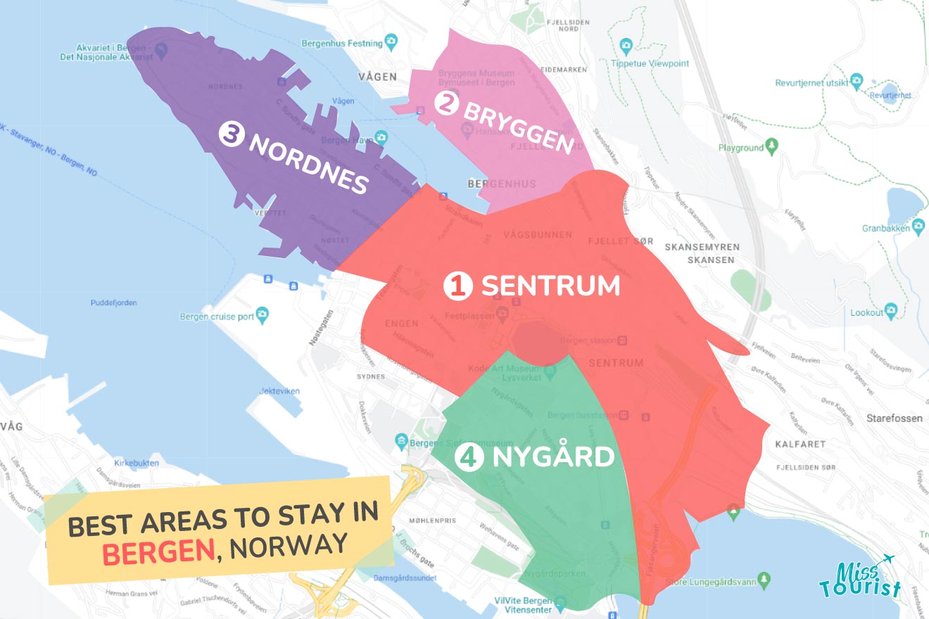 Informative map highlighting the best areas to stay in Bergen, Norway, with distinct color-coded regions including Sentrum, Bryggen, Nordnes, and Nygård