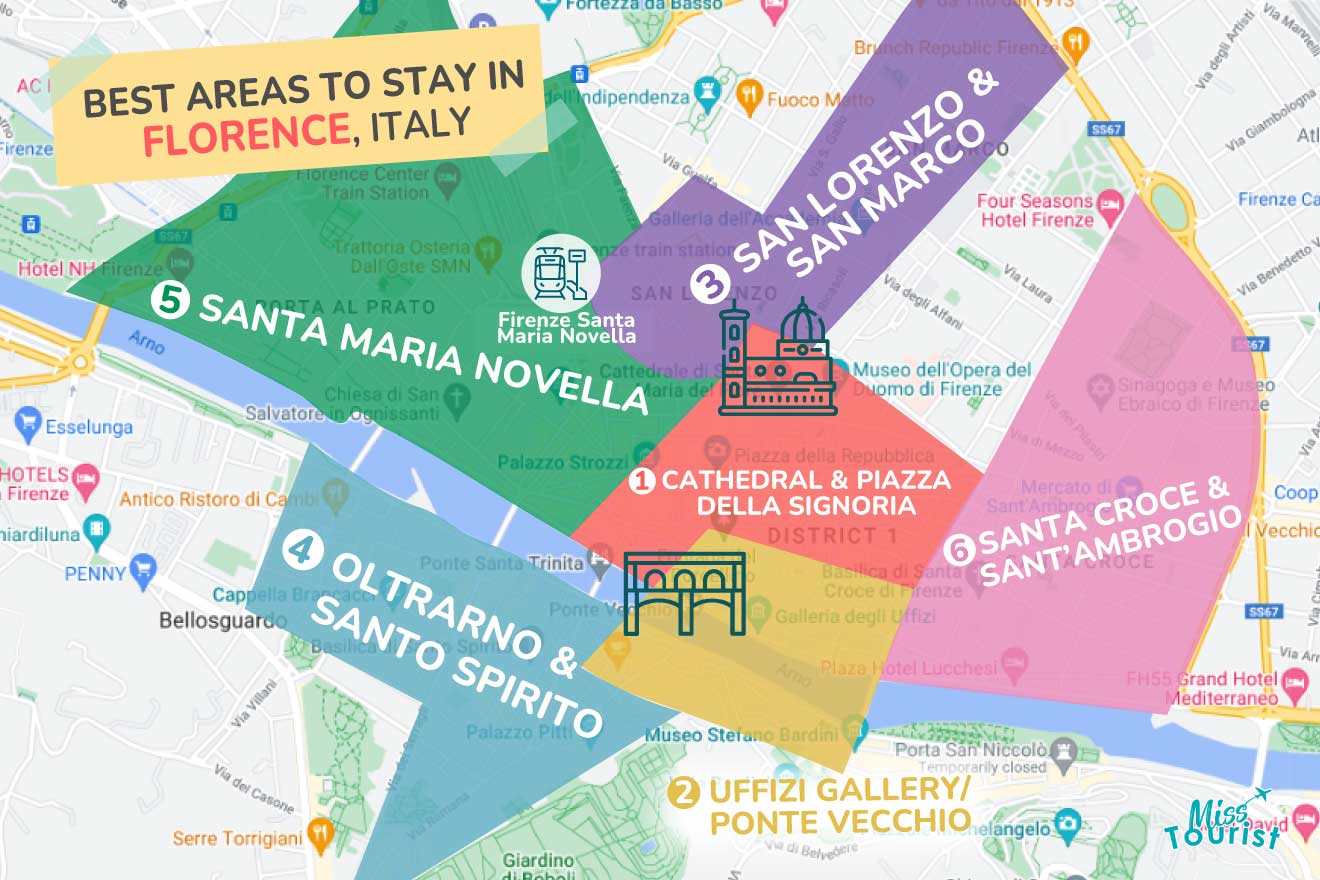 Colorful map detailing the best areas to stay in Florence, Italy, with clearly marked districts such as Cathedral & Piazza Della Signoria and Santa Maria Novella