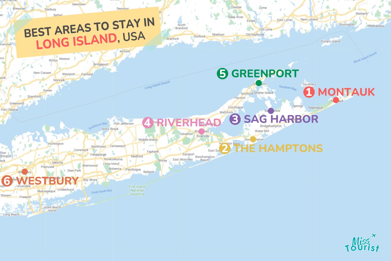 an illustrated map with highlighted areas of the best neighborhoods to stay in Long Island USA
