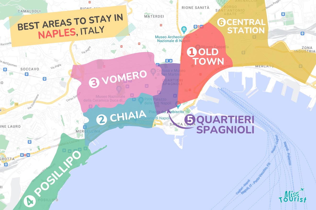 Colorful map highlighting the best areas to stay in Naples Italy