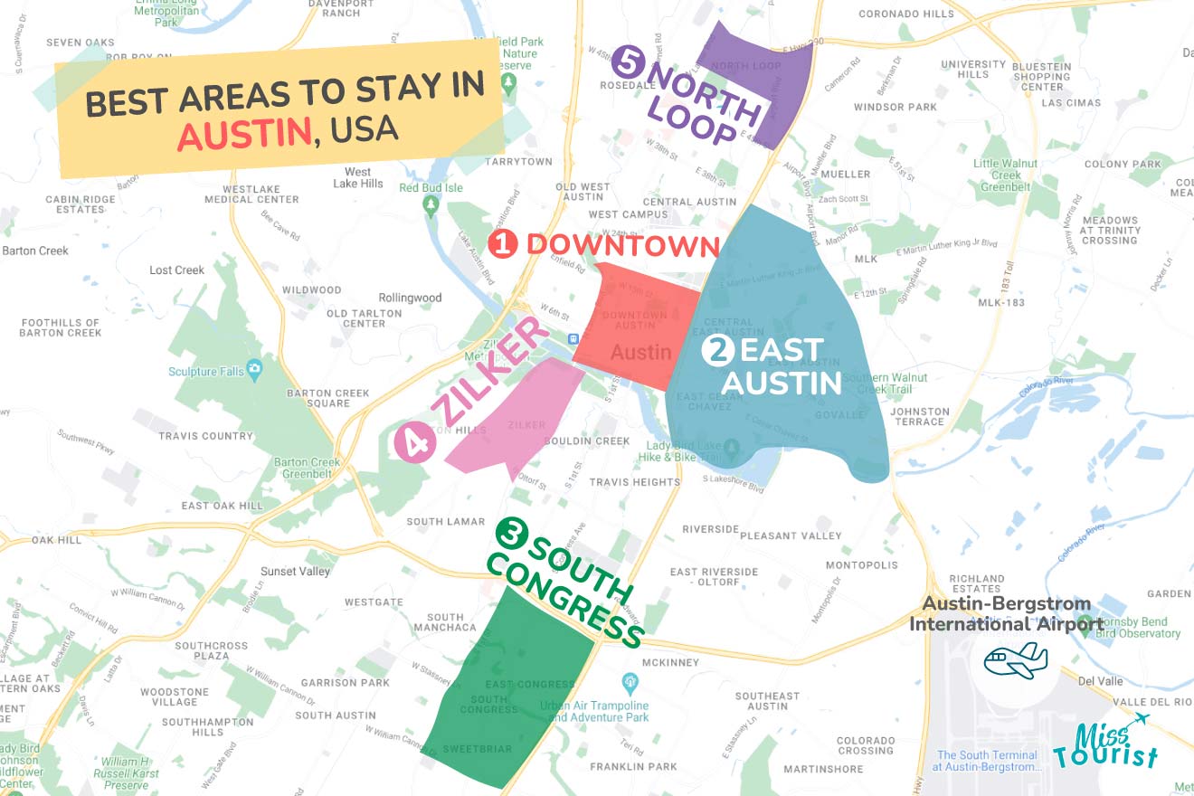an illustrated map with highlighted areas of the best neighborhoods to stay in Austin Texas, with an airplane icon in the right bottom corner for the airport
