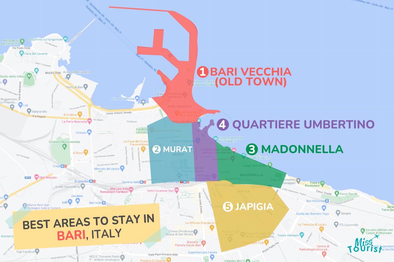 Color-coded map highlighting the best areas to stay in Bari, Italy, with labels for each district