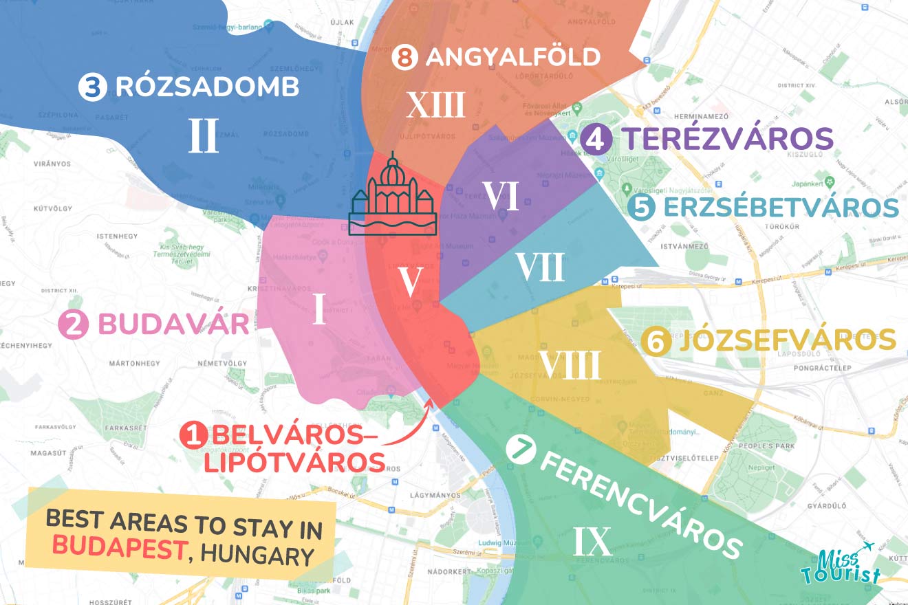 an illustrated map highlighting with different colors the best areas to stay in Budapest