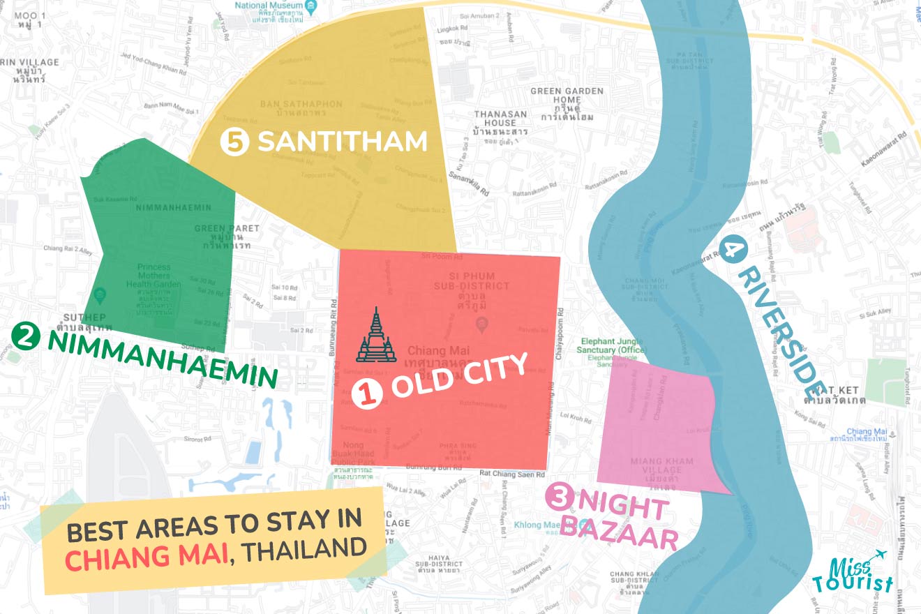 A colorful map highlighting the best areas to stay in Chiang Mai, Thailand, with key districts such as the Old City, Nimmanhaemin, Santitham, Night Bazaar, and Riverside, each color-coded and numbered for easy reference.
