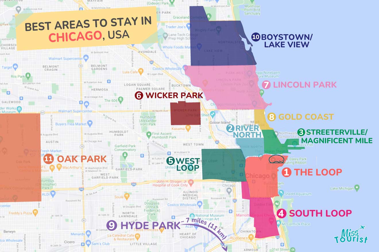 A colorful map highlighting the best areas to stay in Chicago, with distinct color-coded neighborhoods and major streets visible