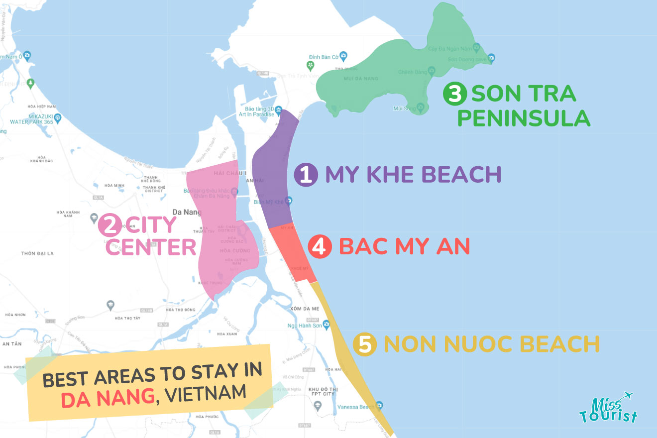 an illustrated map with highlighted areas of the best neighborhoods to stay in Da-Nang