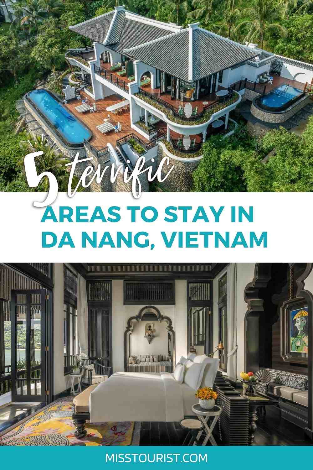 Aerial view of a high-end villa with a blue swimming pool amidst lush greenery, highlighting luxury accommodation options in Da Nang, Vietna