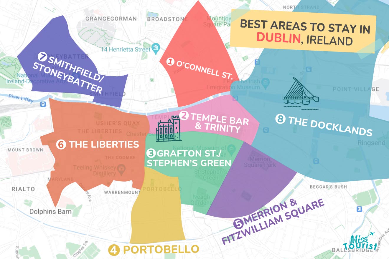A colorful map with highlighted areas of the city of Dublin, including the Docklands, the Liberties, Portobelo and others