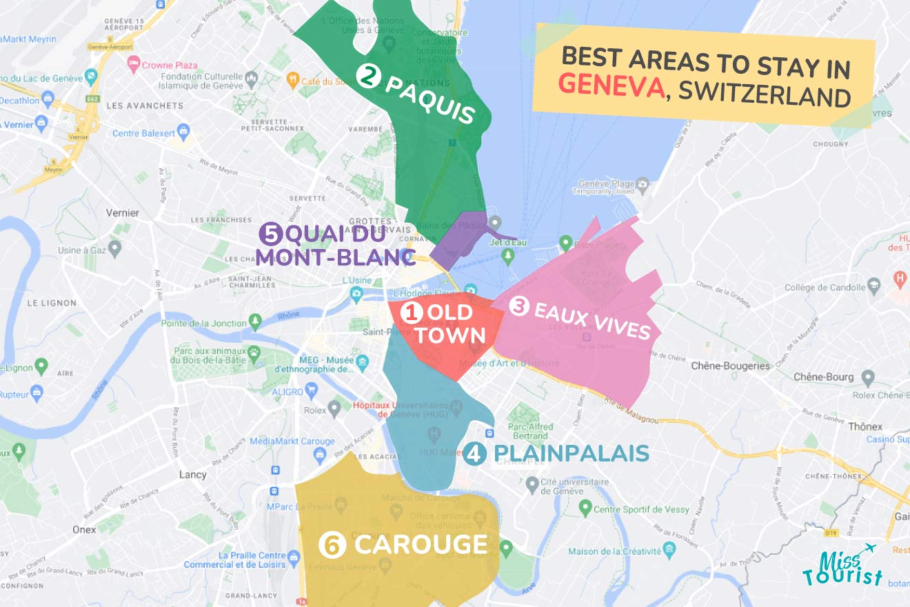 Map of Geneva highlighting the best areas to stay, with color-coded districts and landmarks