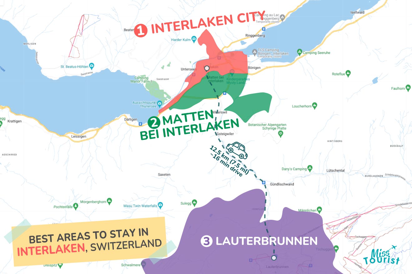 A colorful map highlighting the best areas to stay in Interlaken, Switzerland, with annotations and markers for various points of interest