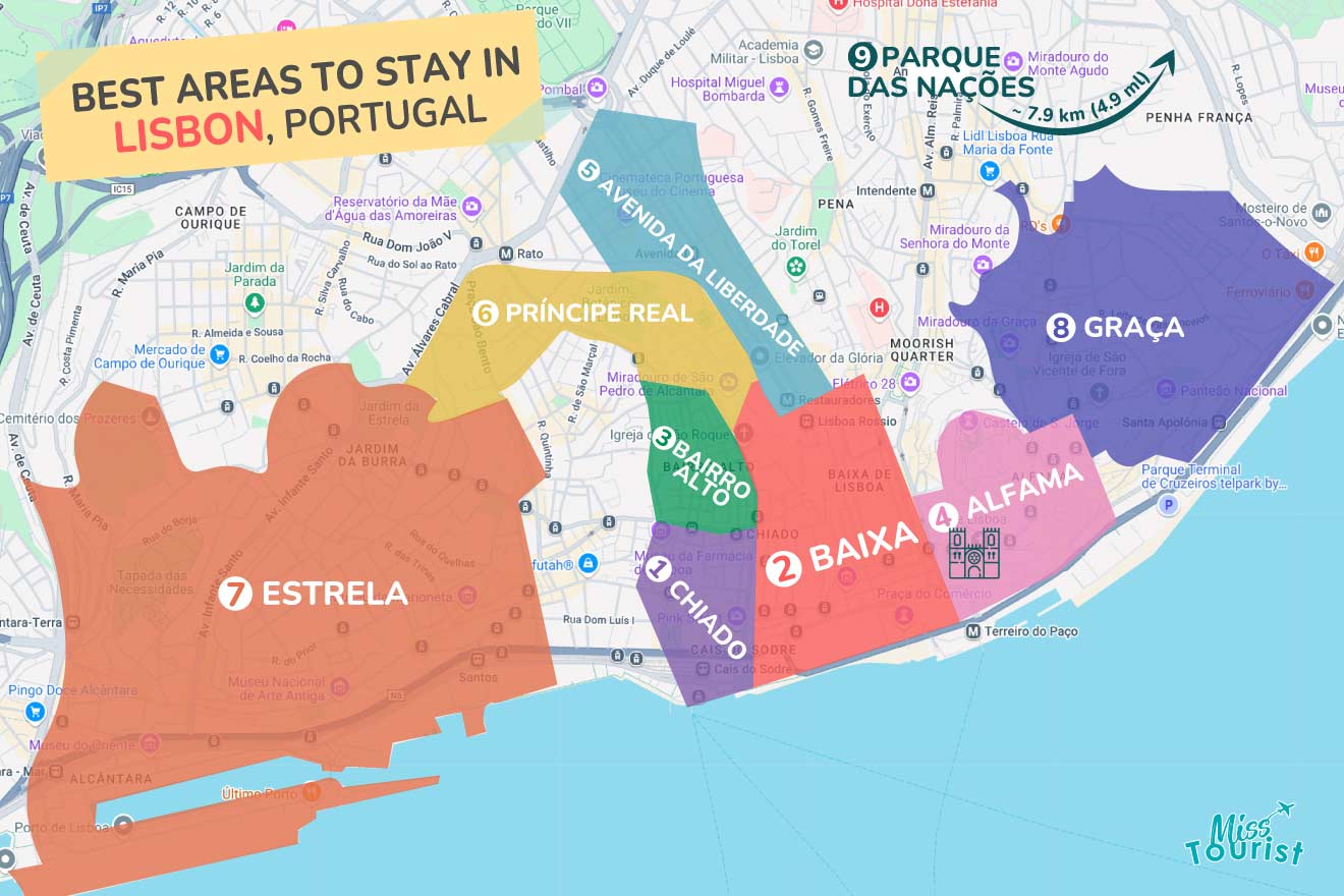 A colorful map highlighting the best areas to stay in Lisbon with numbered locations and labels for easy navigation