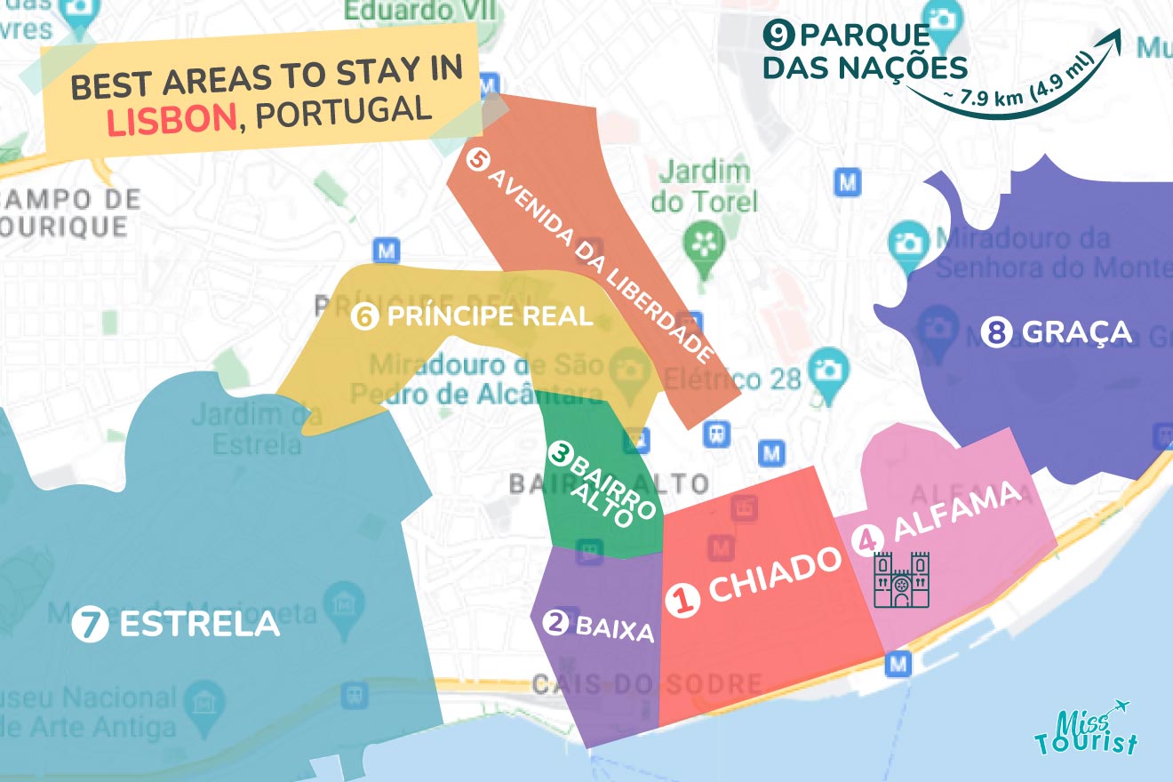 Colorful map highlighting the best areas to stay in Lisbon, Portugal, with distinct neighborhoods marked and labeled