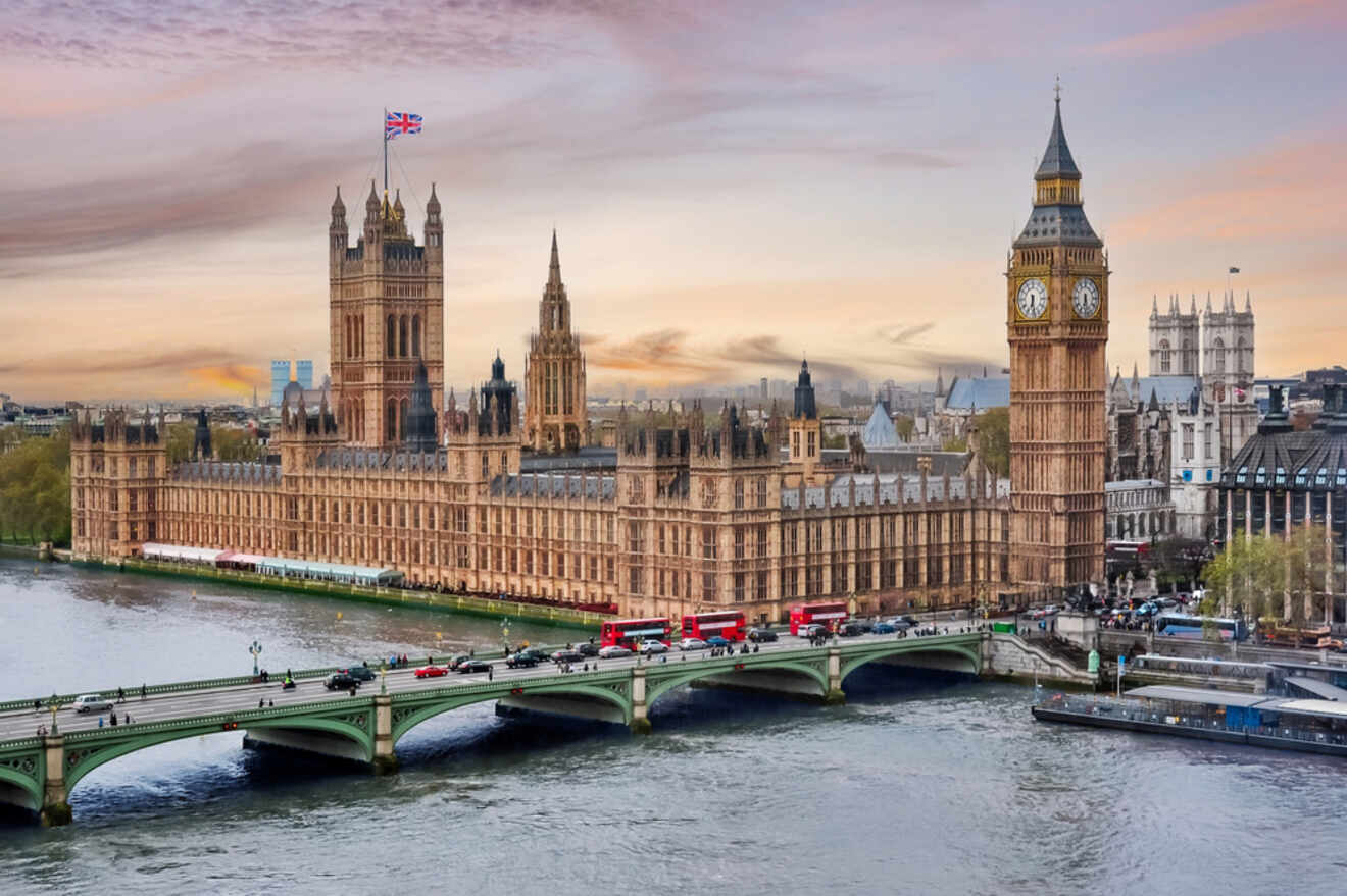 The iconic Houses of Parliament and Big Ben beside the River Thames in London, captured at dusk with a soft-hued sky and the Westminster Bridge in the foreground