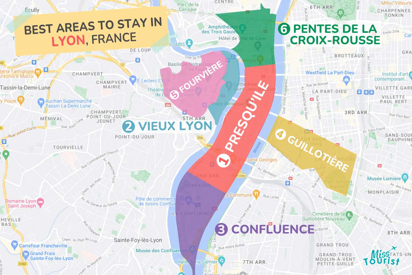 Color-coded map highlighting the best areas to stay in Lyon, France, with annotations and landmarks for travelers
