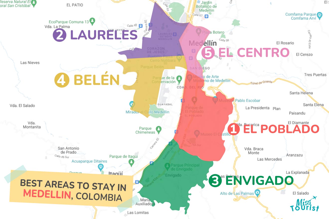 Colorful map highlighting the best areas to stay in Medellín, Colombia, with five key regions numbered and named: 1. El Poblado, 2. Laureles, 3. Envigado, 4. Belén, and 5. El Centro.