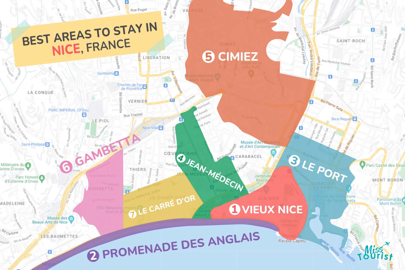 Colorful map highlighting the best areas to stay in Nice, France, with distinct zones marked for Vieux Nice, Promenade des Anglais, and other notable neighborhoods.