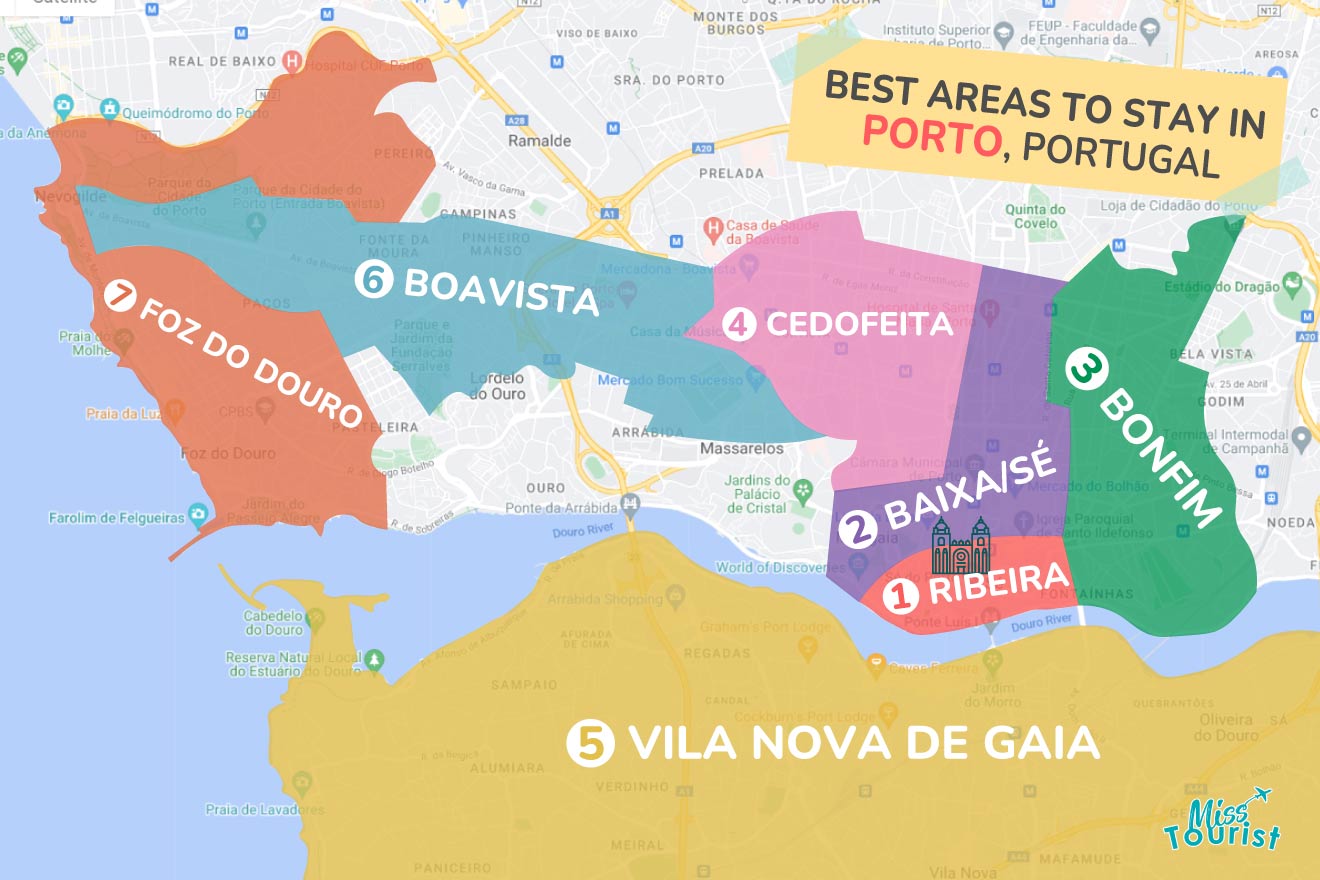 Map showing the best areas to stay in Porto, Portugal, with color-coded neighborhoods like Ribeira, Boavista, and Vila Nova de Gaia clearly labeled