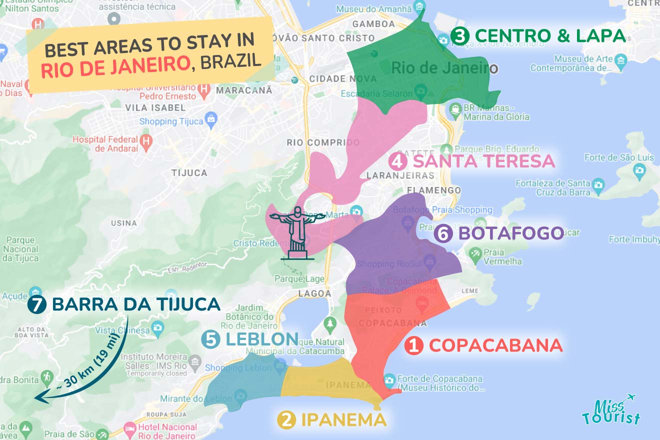 Colorful map highlighting the best areas to stay in Rio de Janeiro, Brazil, with distinct areas marked and labeled