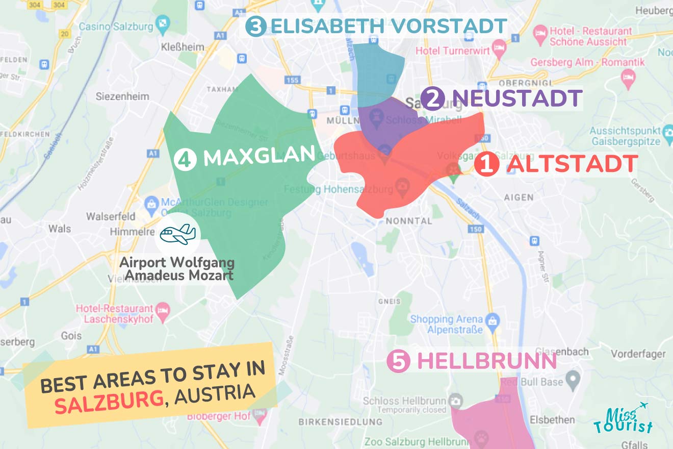 Color-coded map highlighting the best areas to stay in Salzburg, Austria, with numbered districts