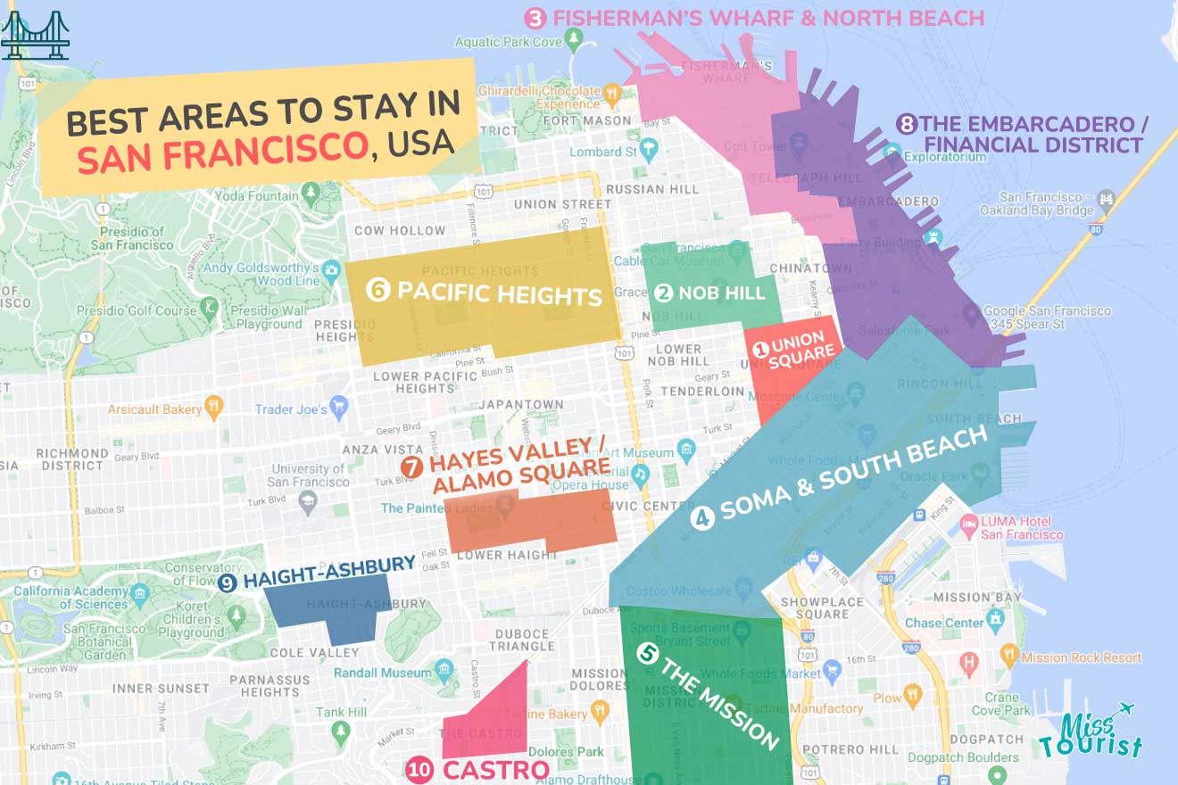 A colorful map highlighting the best areas to stay in San-Francisco