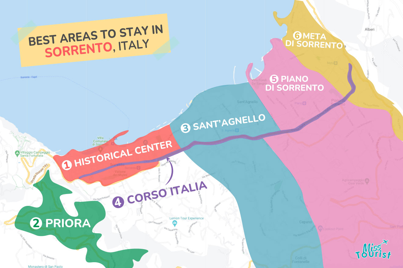 Colorful map highlighting six areas to stay in Sorrento, Italy, with labeled sections and roads.