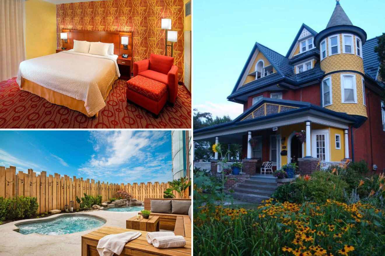 A collage of three hotel photos to stay in Niagara Falls: A cozy bedroom with a large bed and vibrant red accents, a classic Victorian house with a welcoming porch surrounded by gardens, and an inviting outdoor hot tub with wooden privacy fencing under a blue sky