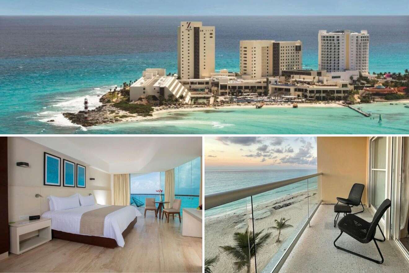 A collage of three hotel photos to stay in Cancun: A luxurious beachfront hotel complex with tall buildings, a serene room with floor-to-ceiling windows offering expansive sea views, and a balcony with a single chair overlooking the tranquil beach at dusk