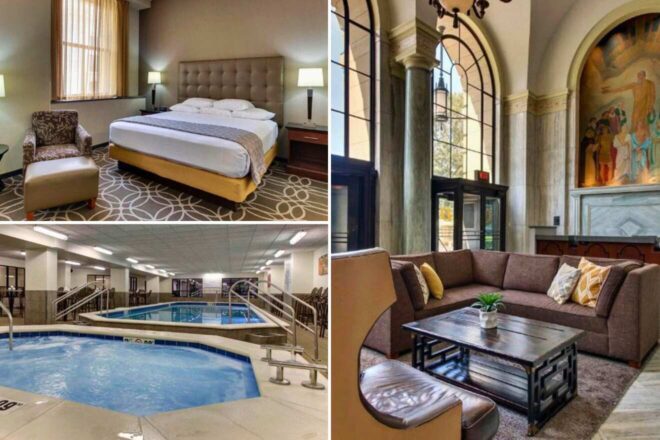 A collage of three hotel photos to stay in Cleveland: a hotel room with a beige tufted headboard and golden accents, a historic hotel lobby with grand columns and a mural, and an indoor pool with a whirlpool and surrounding exercise equipment.